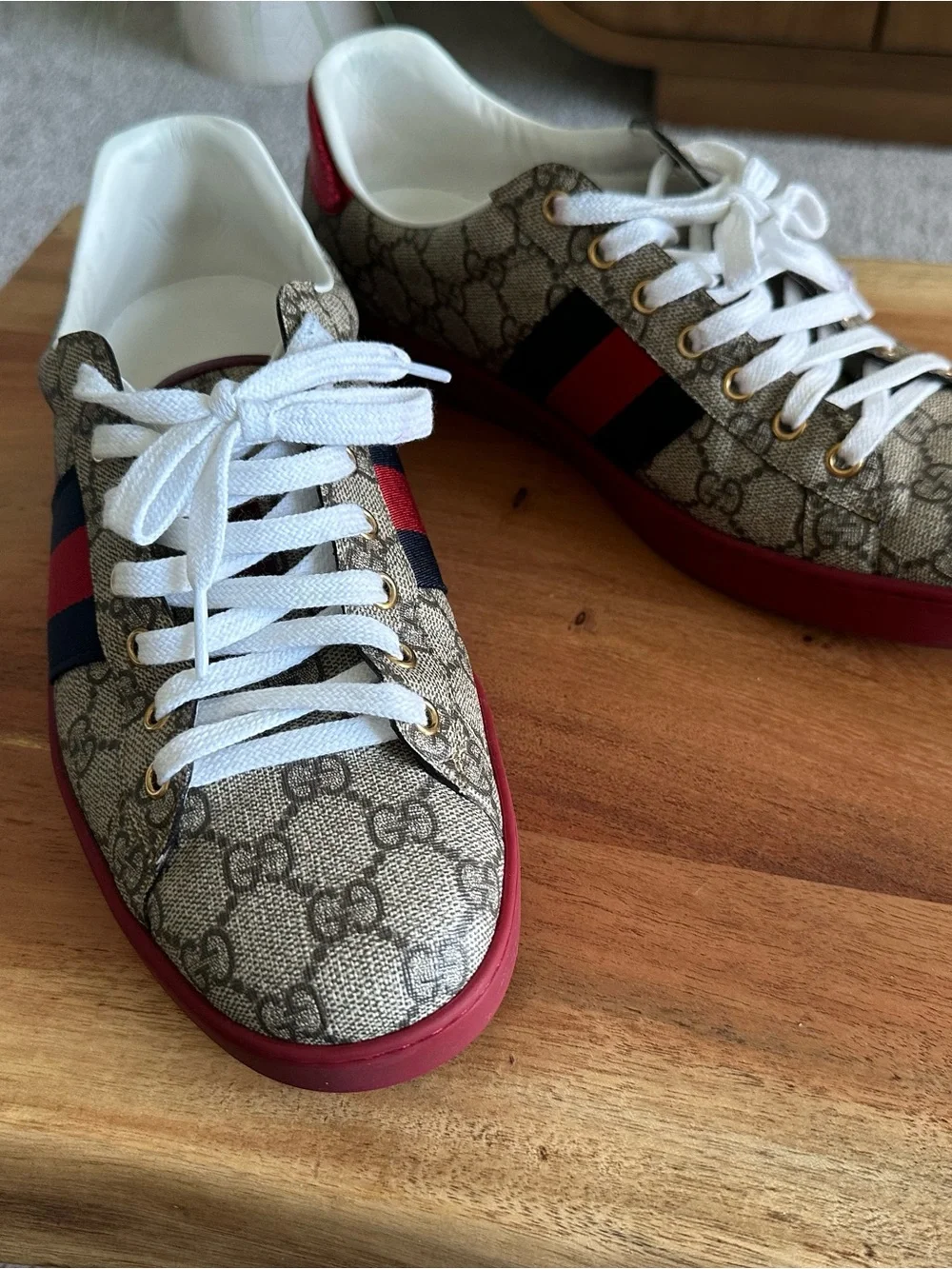 Gucci Beige GG Canvas Sneaker with Red & Navy Web Stripe